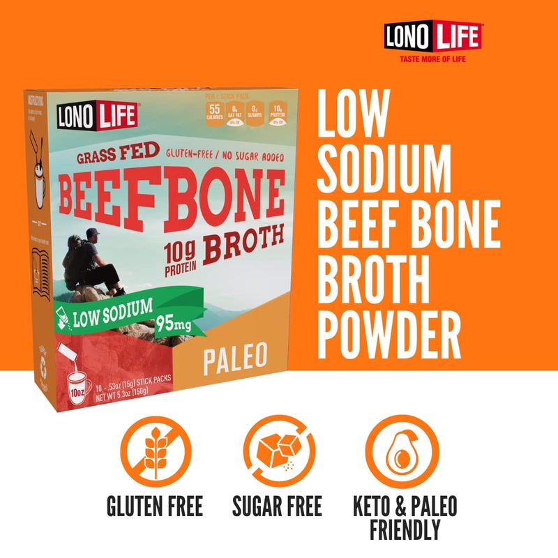 LonoLife Low Sodium Beef Bone Broth Powder Mix | Grass-Fed, 10g Protein | Collagen-Rich, Keto & Paleo Friendly | Natural Ingredients | 10 Portable Stick Pack Servings - Image 2
